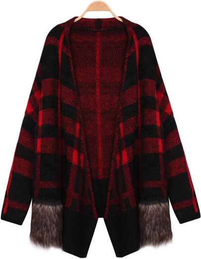 Chaquetas de punto de cuadros con detalle de pelo en dos colores