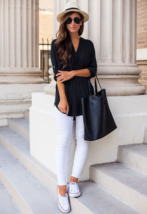 camisa negra con pantalon blanco